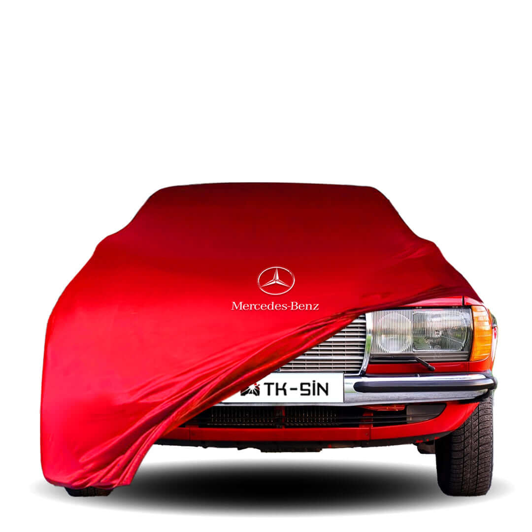 Mercedes-Benz W114/W115 fitted with a bespoke indoor car cover in a UK garage