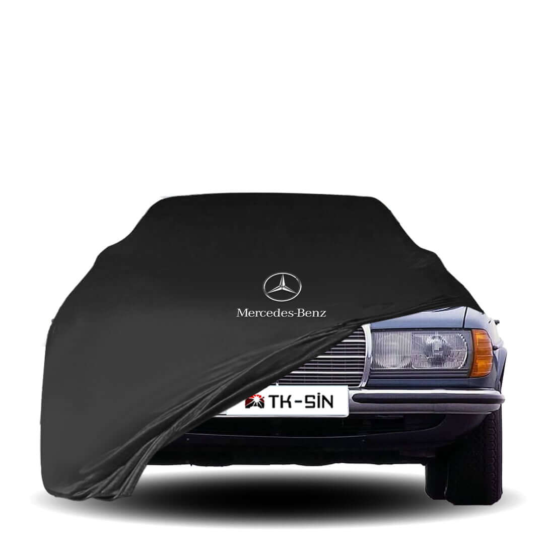 Mercedes-Benz W123 fitted with a bespoke indoor car cover in a UK garage