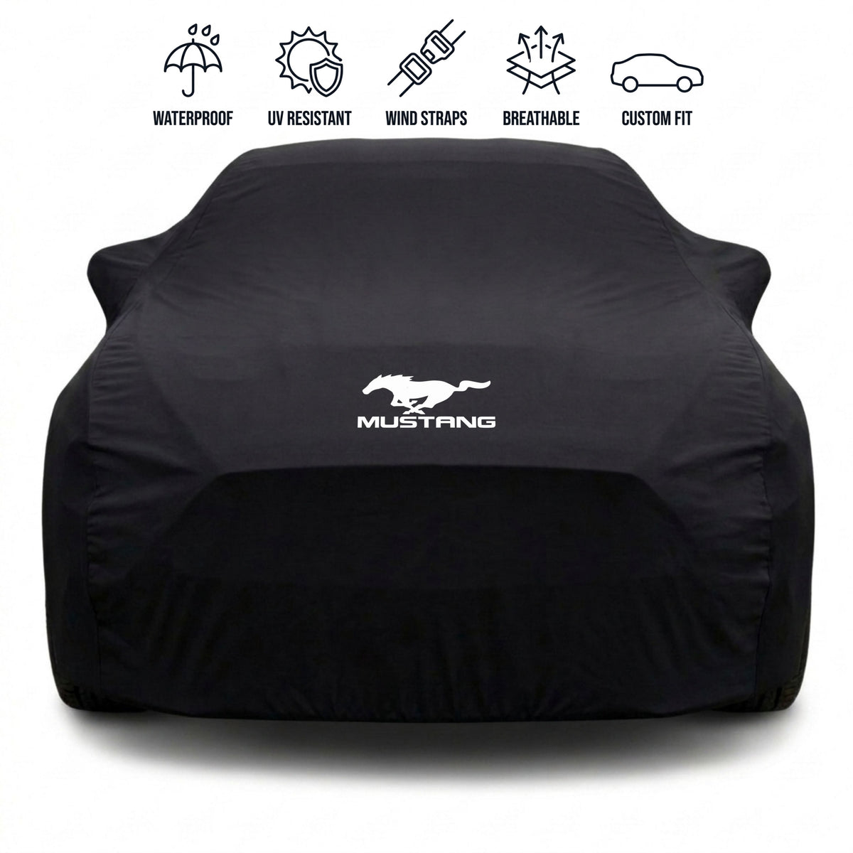 Ford Mustang outdoor car cover in black with custom logo – waterproof and tailored fit
