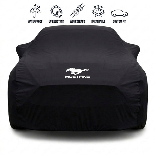 Ford Mustang outdoor car cover in black with custom logo – waterproof and tailored fit