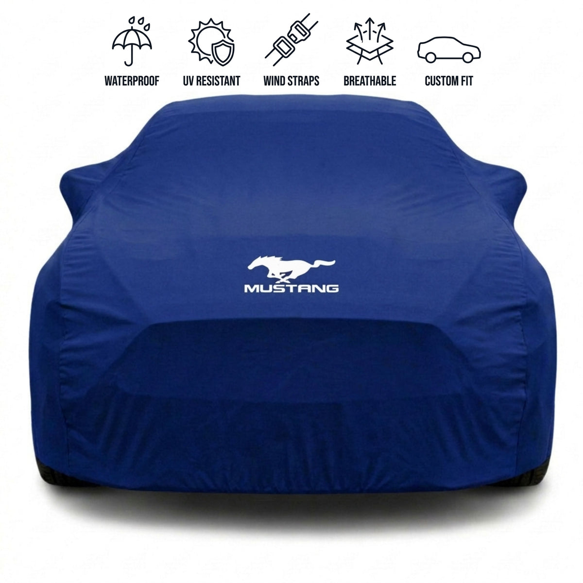 Ford Mustang outdoor car cover in blue with custom logo – waterproof and tailored fit