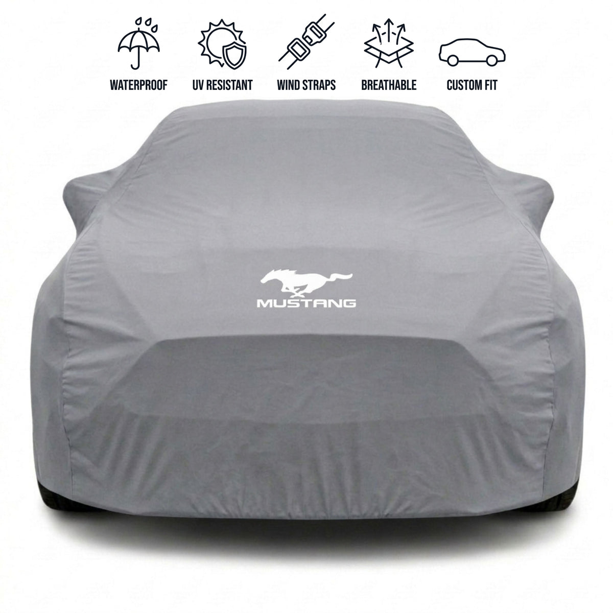 Ford Mustang outdoor car cover in grey with custom logo – waterproof and tailored fit