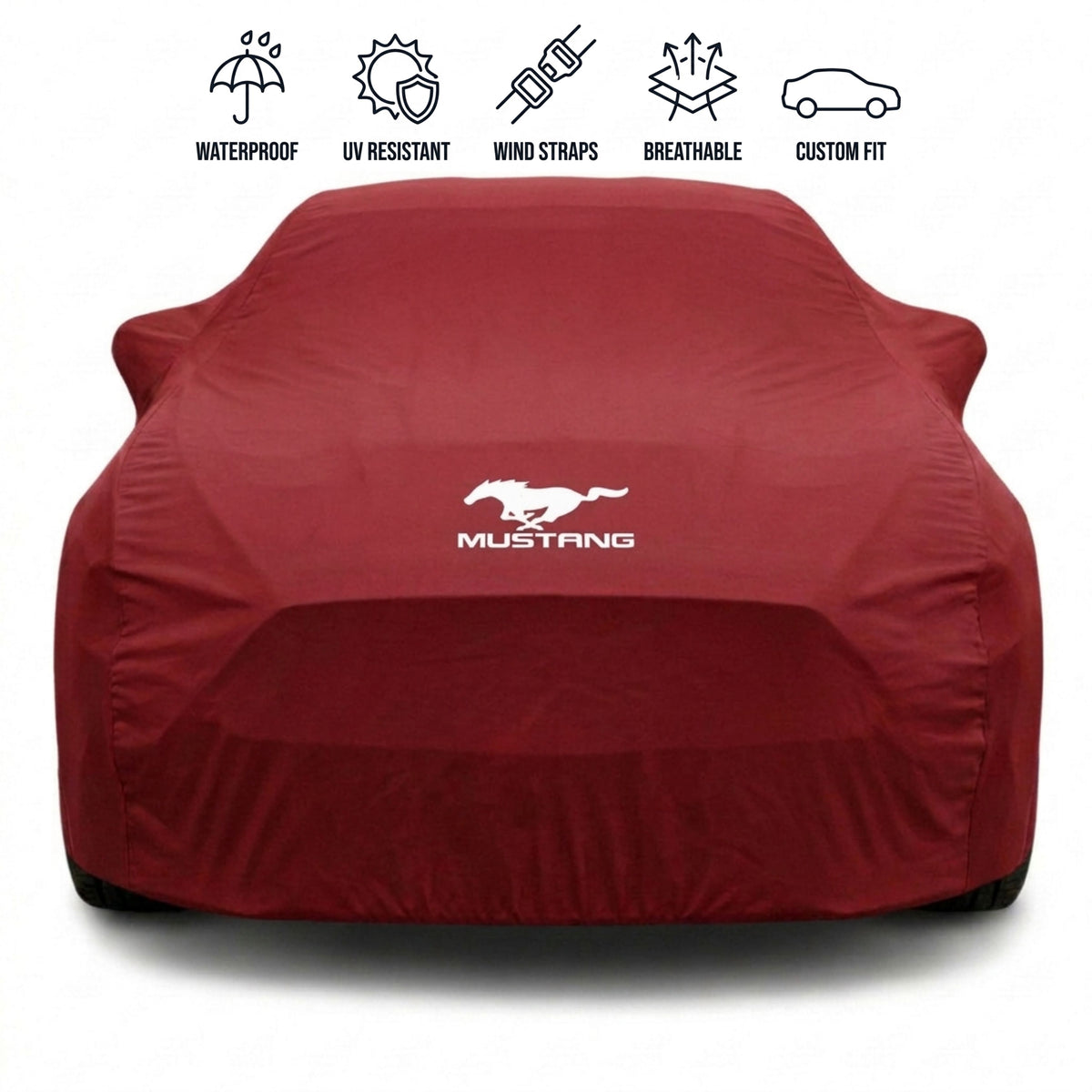 Ford Mustang outdoor car cover in red with custom logo – waterproof and tailored fit
