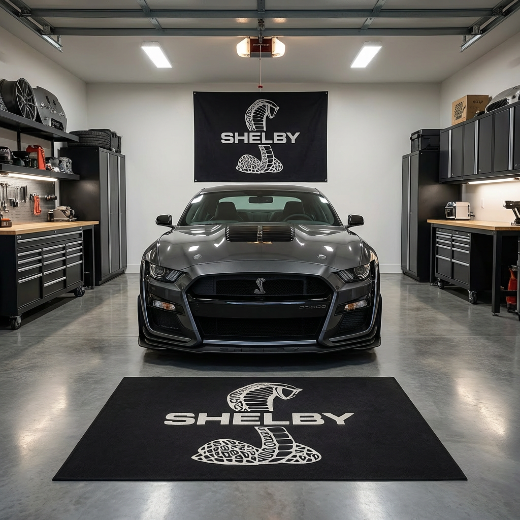 Large Mustang Shelby Cobra logo floor rug, 150x220cm, with non-slip backing, featuring the iconic cobra snake emblem in a professional garage.