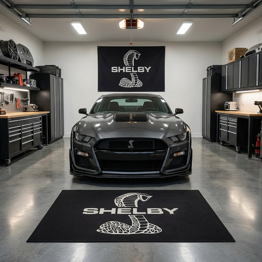 Large Mustang Shelby Cobra logo floor rug, 150x220cm, with non-slip backing, featuring the iconic cobra snake emblem in a professional garage.