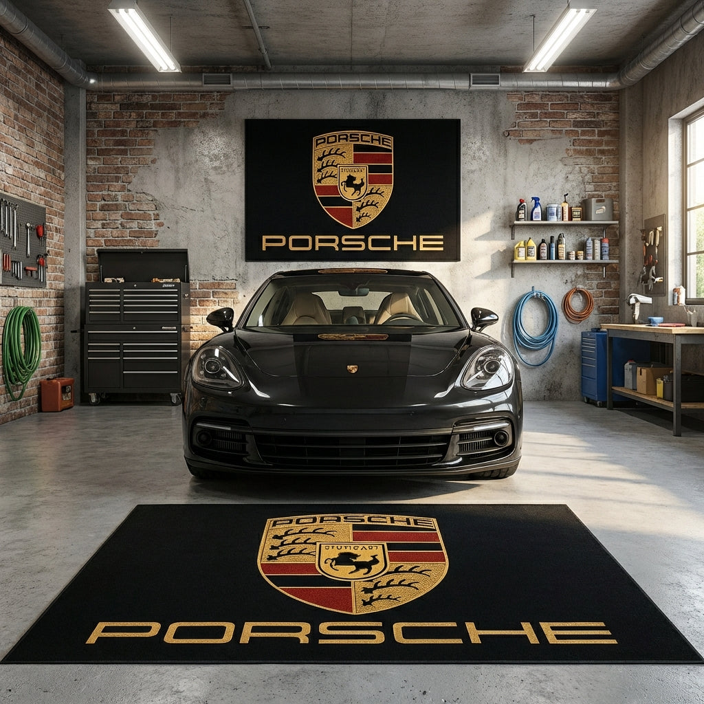 Large 150x220cm Porsche crest logo floor rug with non-slip backing, displayed in a minimalist modern British garage.