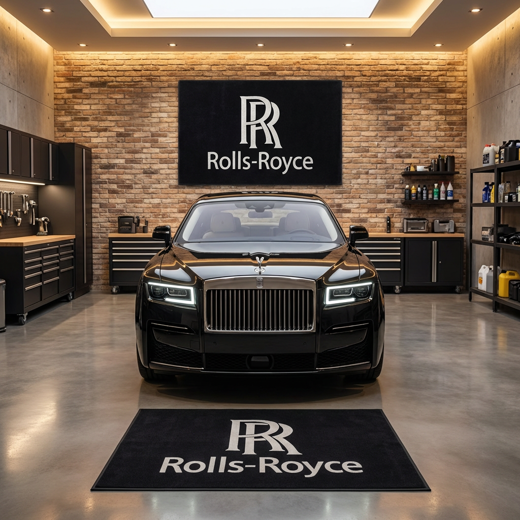 Premium Rolls-Royce monogram logo floor rug, 150x220cm (approx. 5x7ft), with anti-slip backing displayed in a high-end British luxury car gallery.