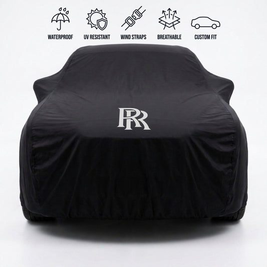 Rolls-Royce outdoor car cover in black with custom logo – waterproof and tailored fit
